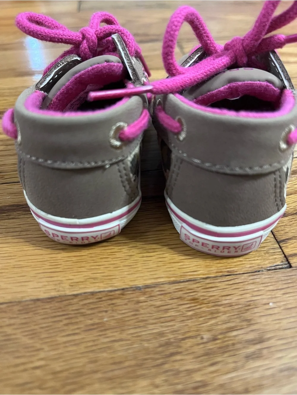 Sperry Taupe Toddler Boat Shoes with Bright Pink Accents